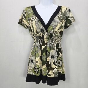 Vintage Y2K Babydoll Tunic Top M Floral Green Short Sleeve Fairy Hippie Boho Vtg